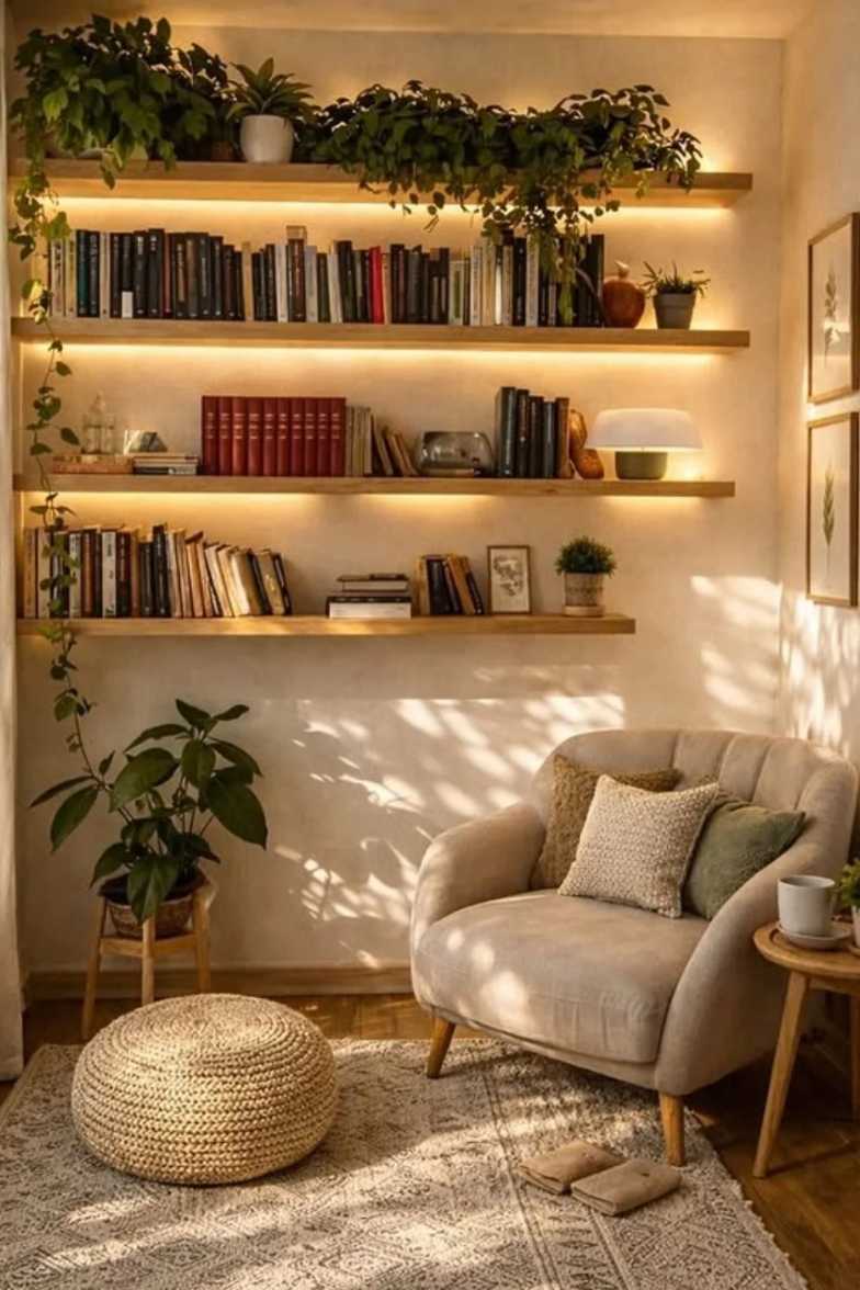 Backlit glass shelves, plush armchair in caramel, soft amber lighting, walnut floor, subtle wall art.