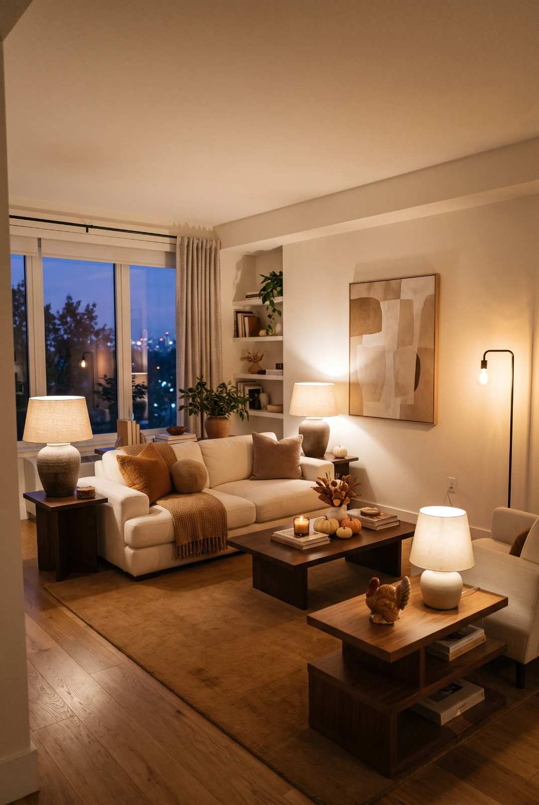 Dimmed ceiling lights and table lamps creating a soft warm glow in the evening
