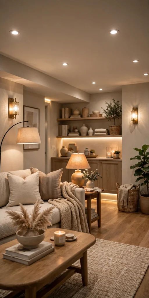 Cozy basement room with warm ambient lighting and open shelves
