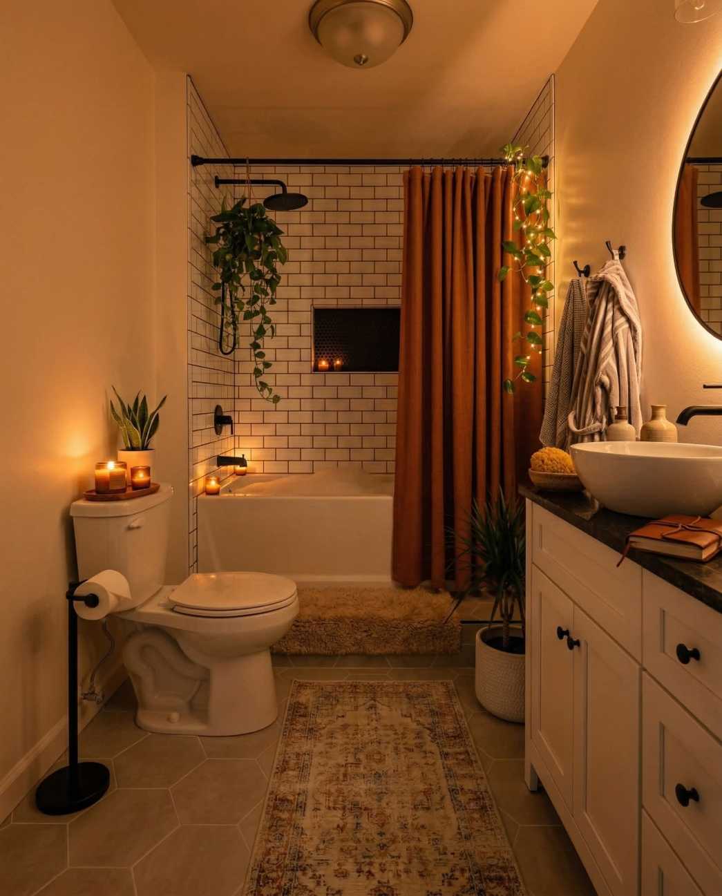 Boho bathroom featuring a rust‑colored shower curtain, reclaimed wood vanity, brass fixtures, and soft candle illumination.