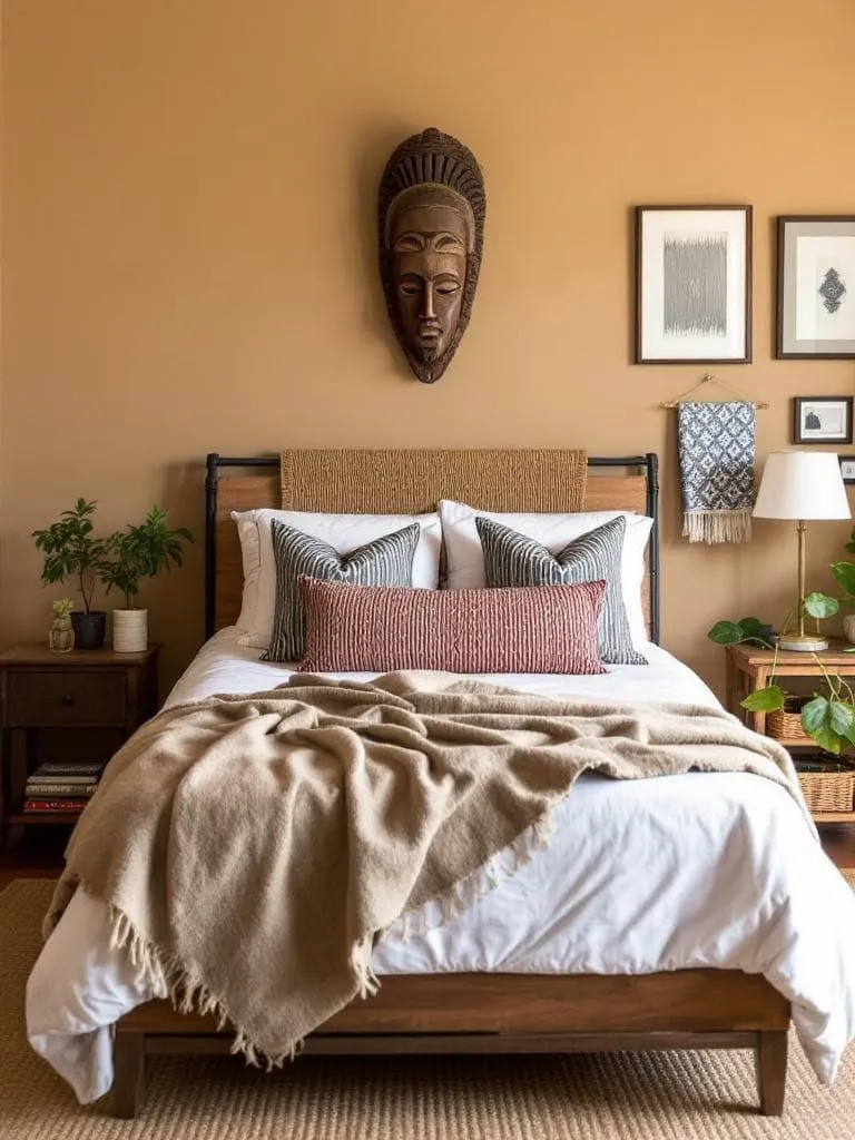 Warm earthy bedroom featuring an African mask wall art, wooden bed frame, and natural textures.