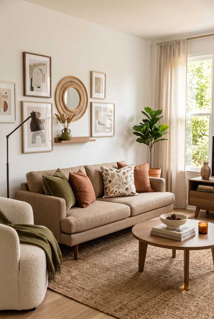 Sofa with fall pillows beneath a gallery wall of framed art cohesive look