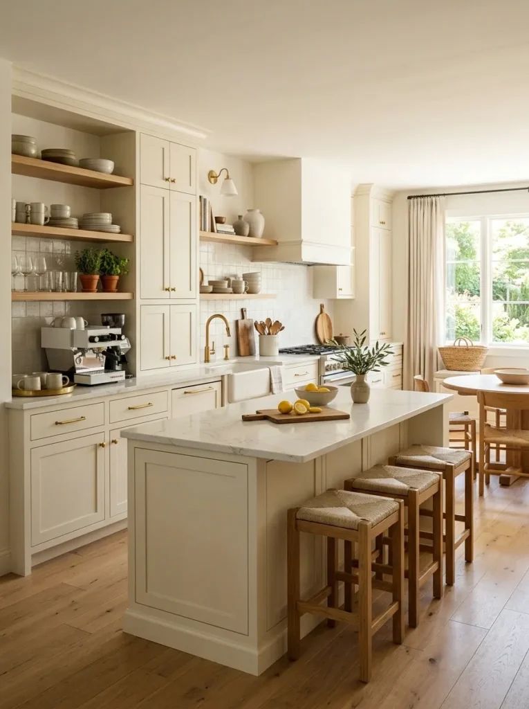 Family‑friendly kitchen with warm oak cabinets, stainless steel appliances, open shelving, pendant lighting, colorful dishware.