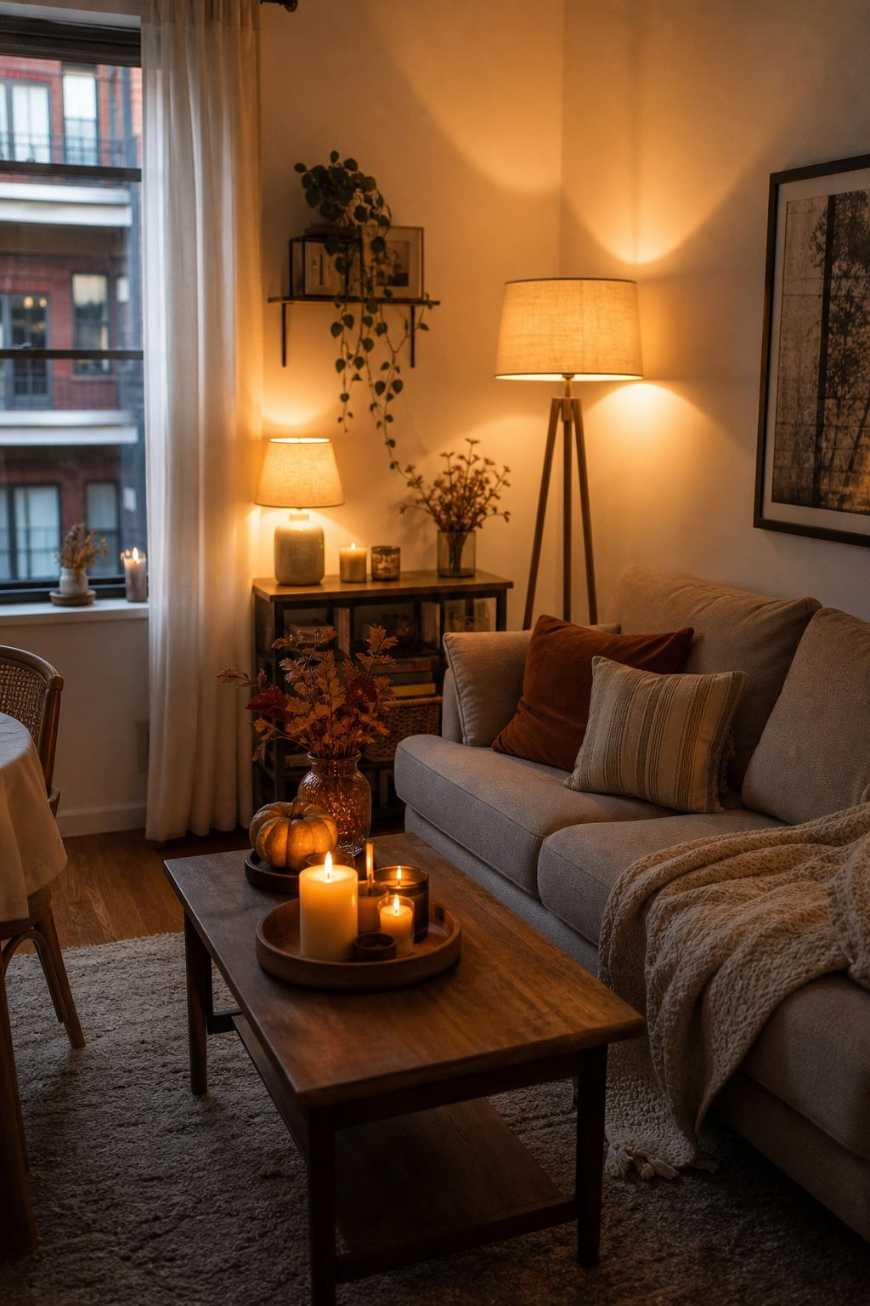 String lights and floor lamp creating a bright warm welcome in the living room