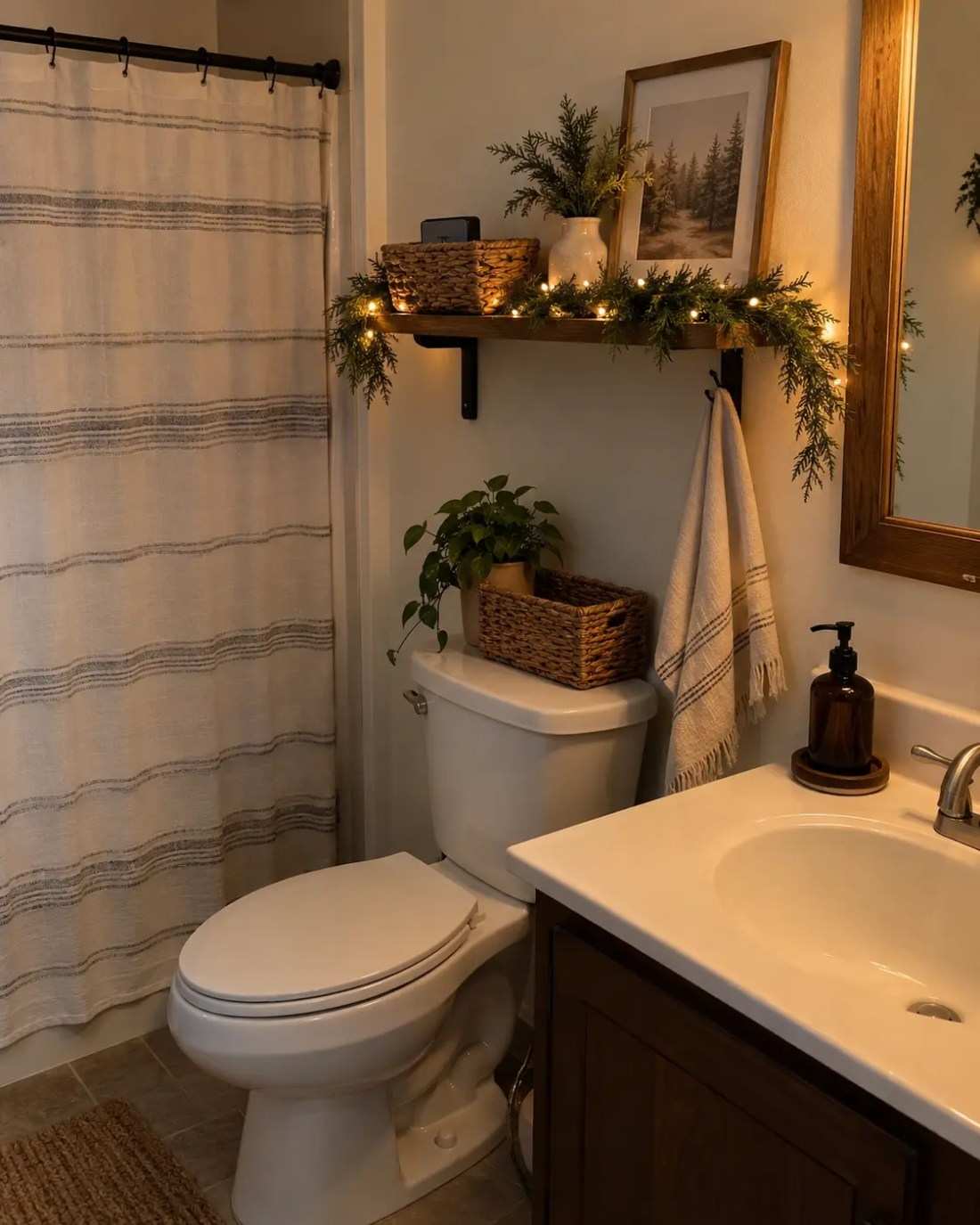 String lights on shelf, green garland, white bathroom, cozy ambient lighting