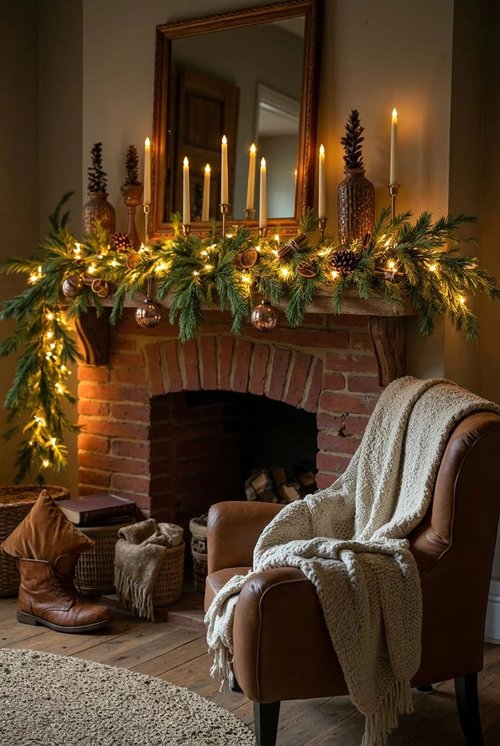 Atmospheric dark living room mantel illuminated by warm fairy lights threaded through heavy pine garland