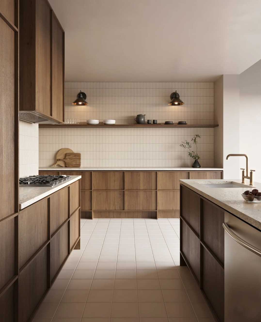 Minimalist kitchen with ivory walls, warm oak cabinets, black hardware, matte white countertop, recessed lighting.