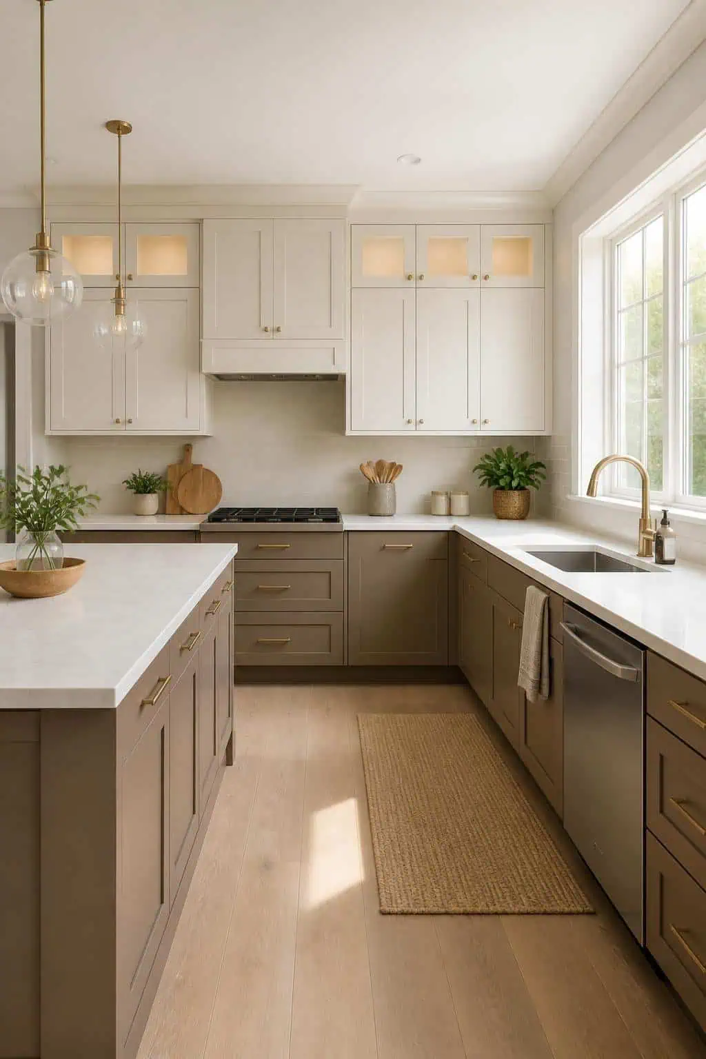 Kitchen interior, warm taupe lower cabinets, cream shaker style upper cabinets, brushed nickel hardware, natural light