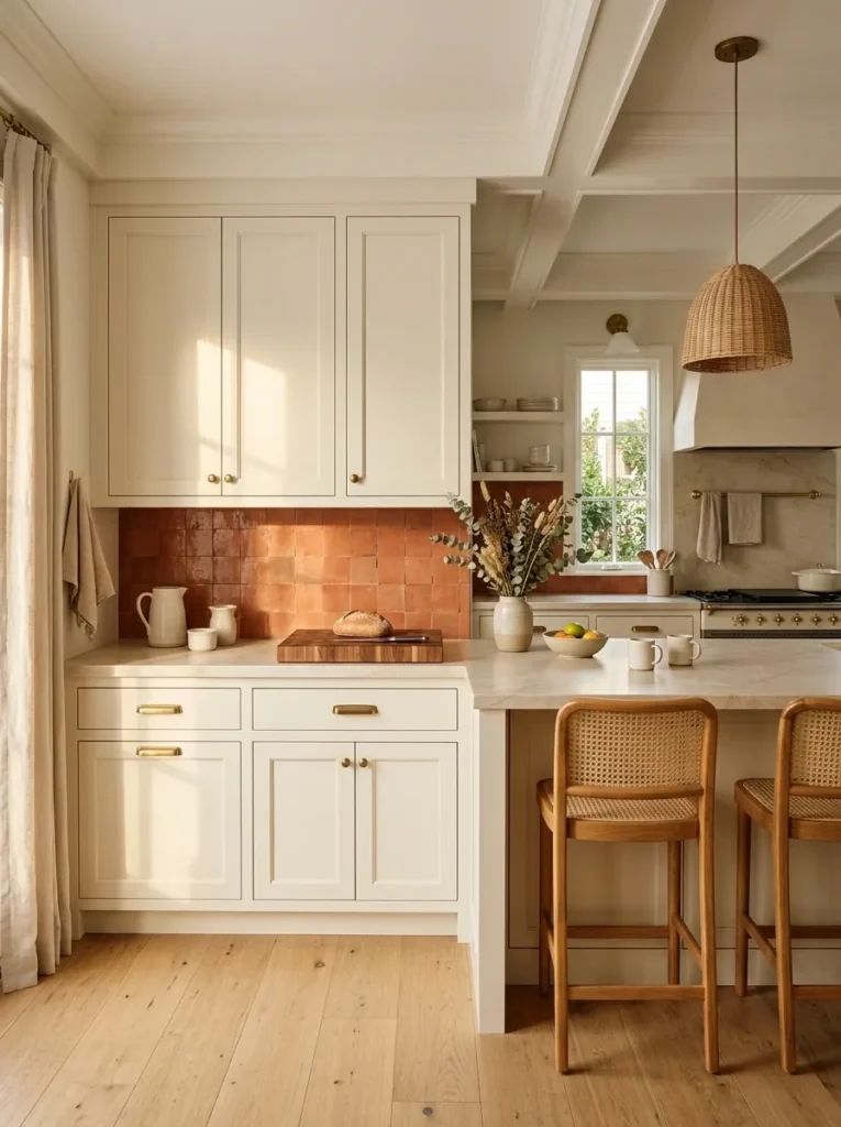 Kitchen featuring terracotta floor tiles, white cabinets, natural stone backsplash, copper pendant lights, earthy color palette.