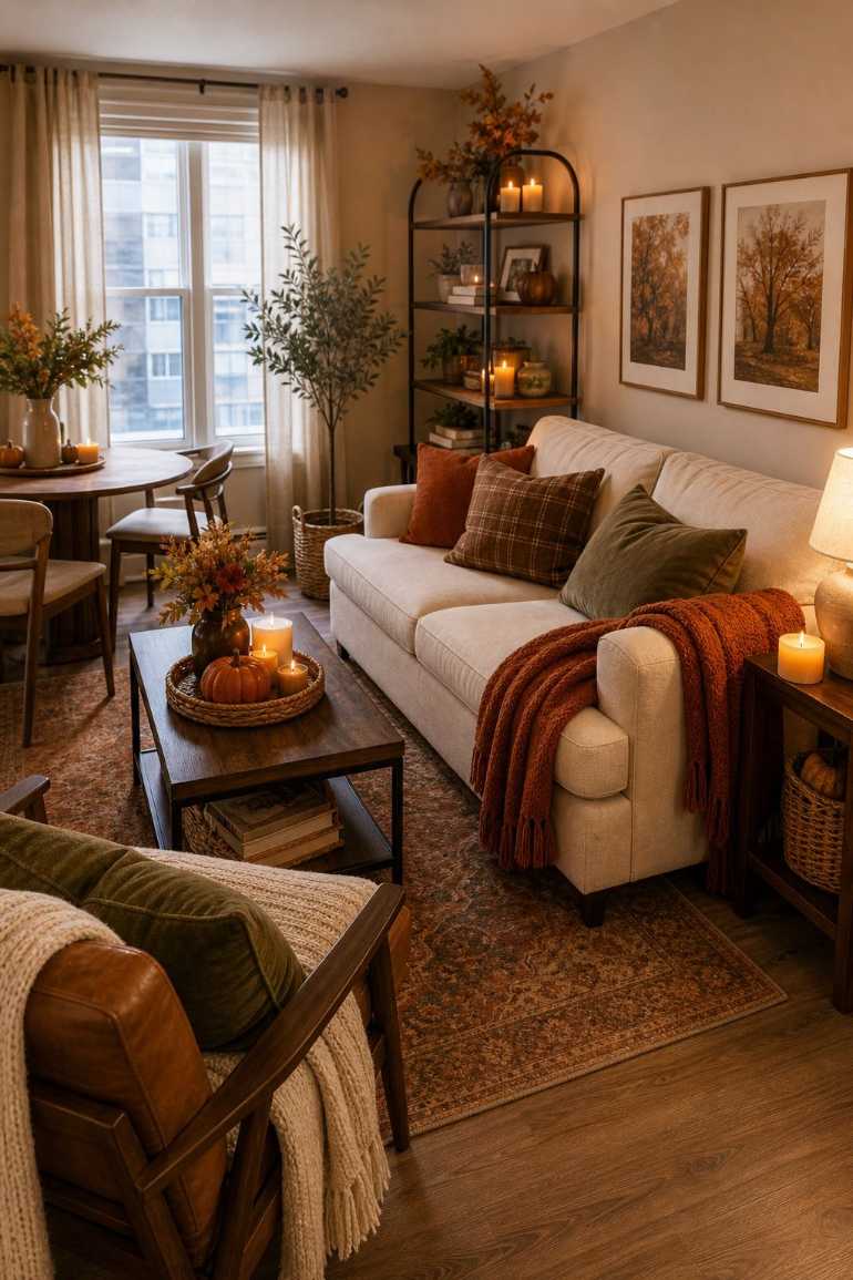 Entire room in warm beige and brown tones creating a unified cozy look