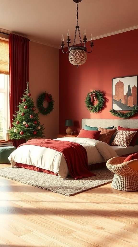 Bedroom with warm earthy tones, beige walls, brown furniture, and cozy lighting.