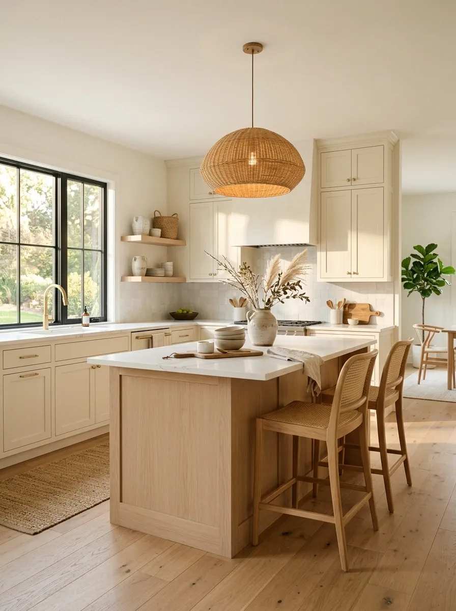 Kitchen with warm white cabinets, natural wood floating shelves, brushed steel appliances, soft LED lighting.