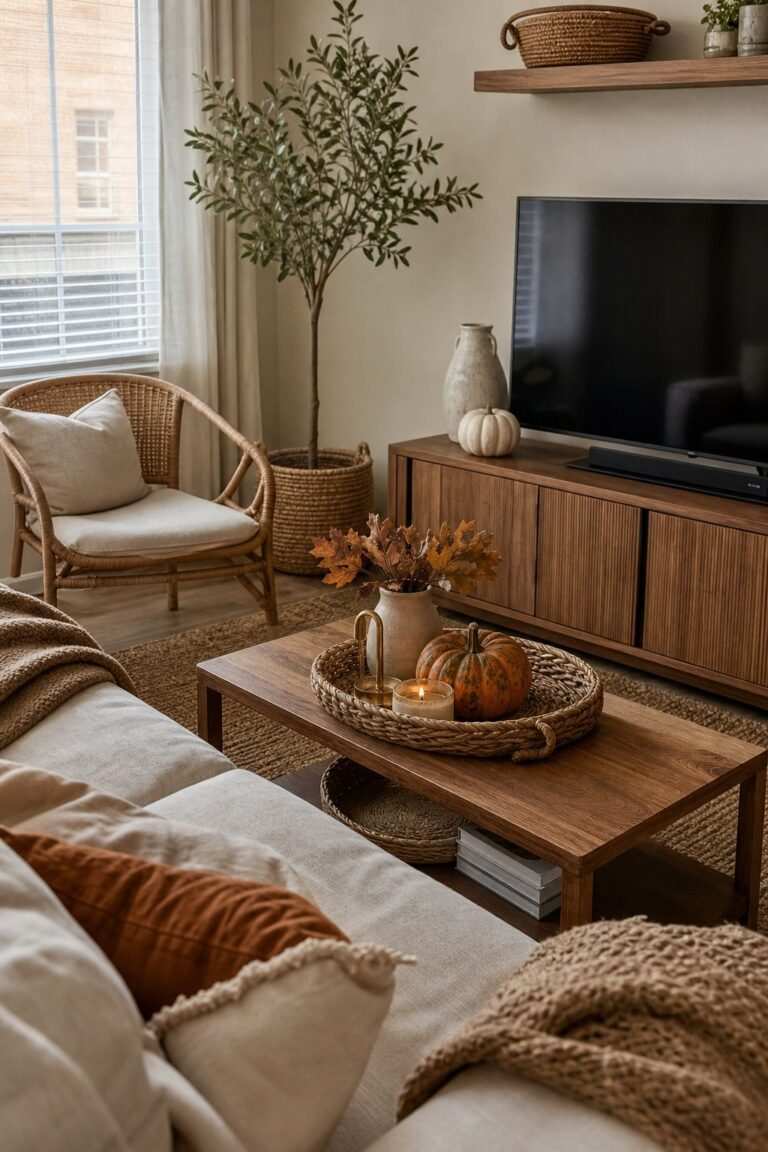 Wooden coffee table and sideboards with natural grain visible warm neutral rug