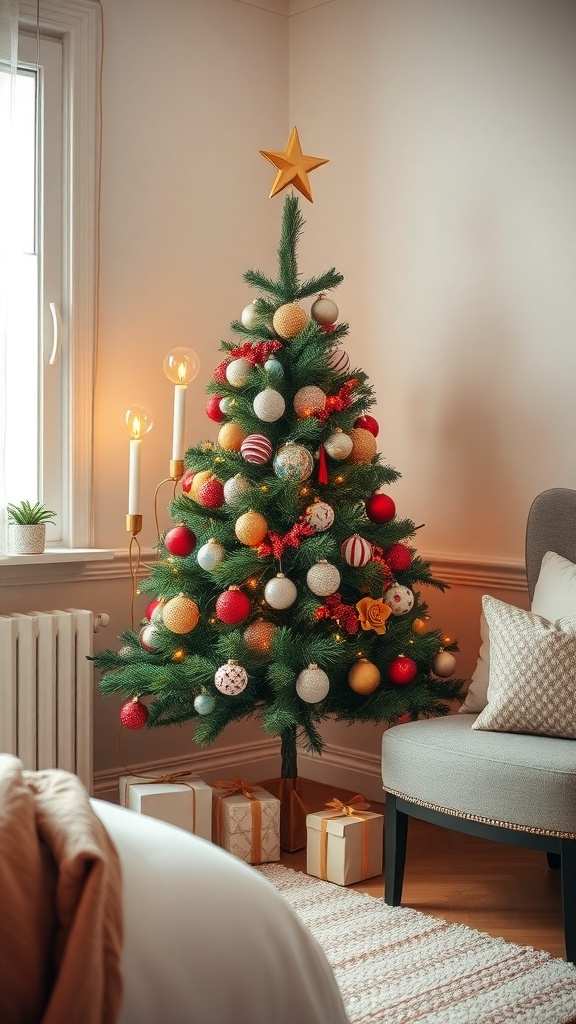 Bedroom with a whimsical, colorful Christmas tree, playful decor, and bright lighting.