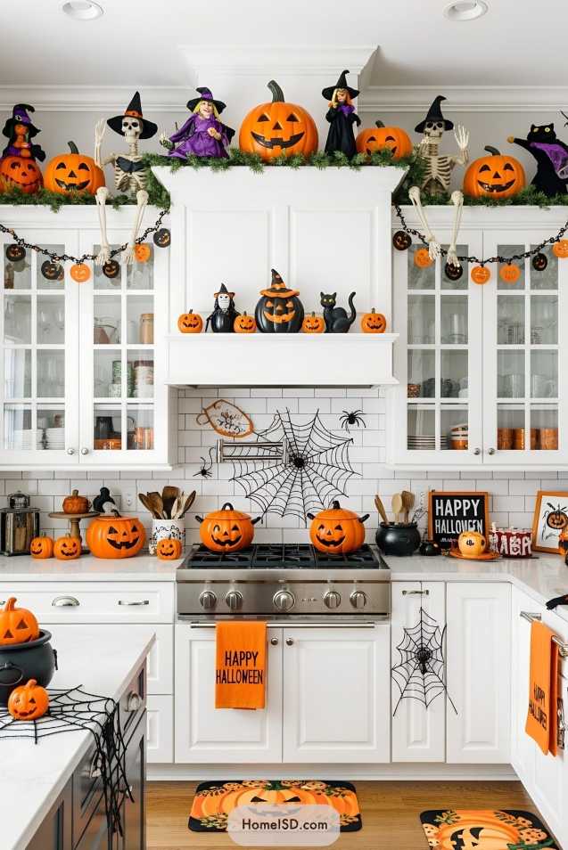 White shaker cabinets with whimsical witch hat pumpkin on top shelf