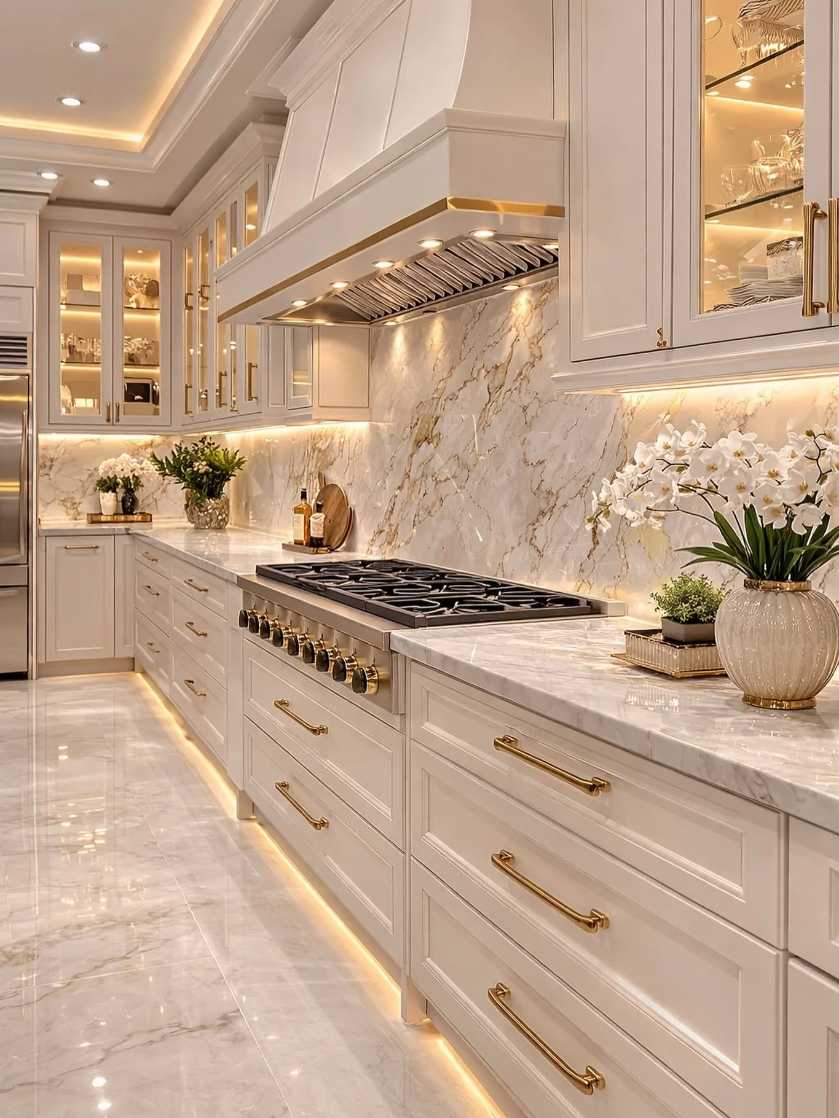 Luxe kitchen with all‑white cabinetry, gold leaf backsplash, crystal chandelier, marble island, soft warm lighting.