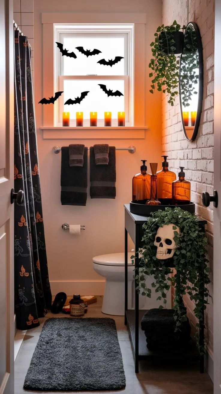 White brick bathroom wall, skull décor, ivy planter, amber glass bottles, warm Edison lighting.