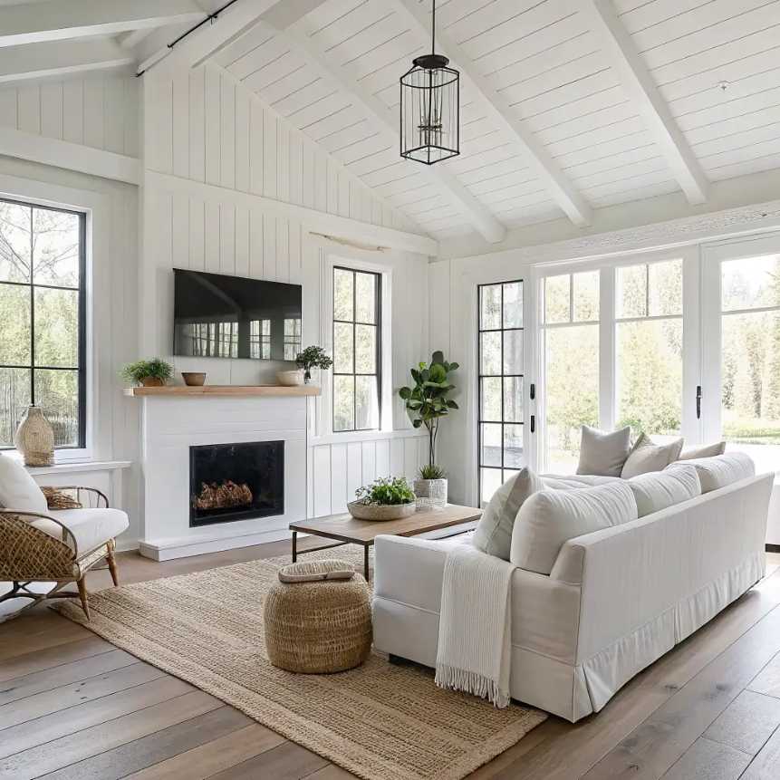 Living room with soaring white cathedral ceiling, exposed beams, soft furnishings, natural light.