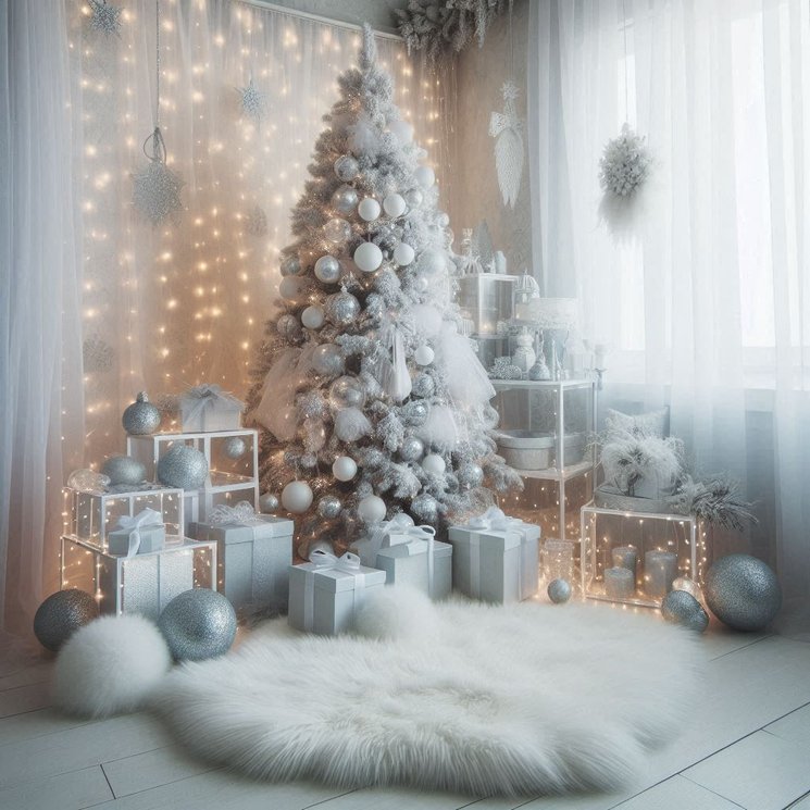 Modern living room corner featuring snow-flocked white Christmas tree, silver metallic baubles, and ambient lighting.