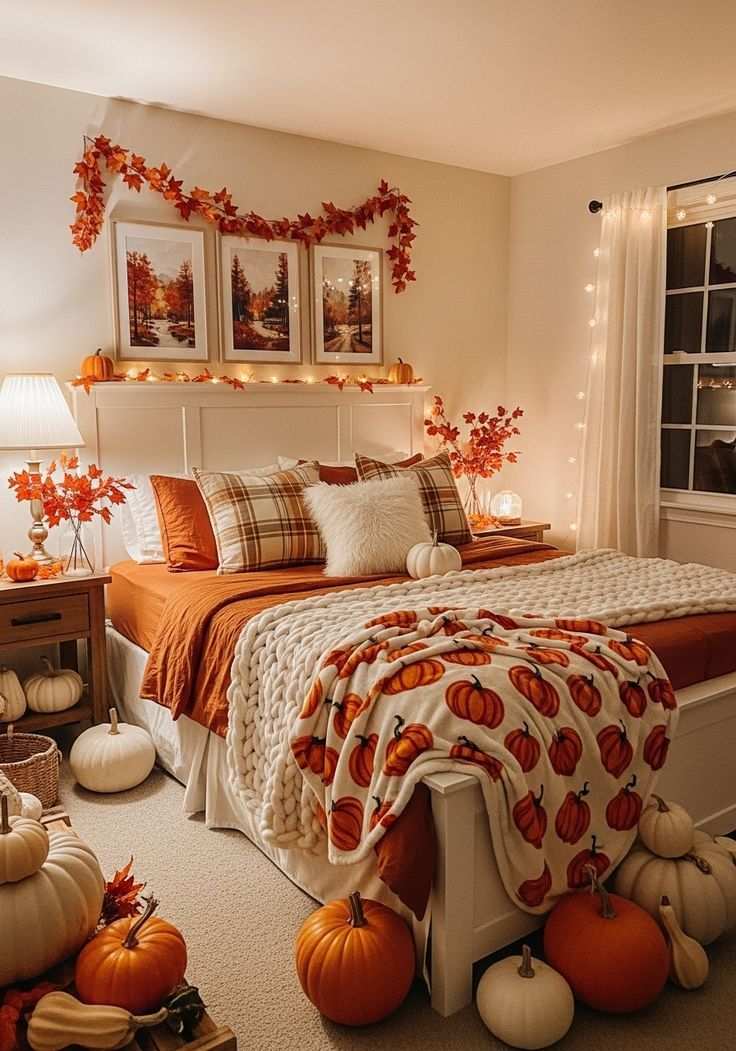 White farmhouse bedroom with autumn prints, pumpkin throw blanket, and rustic wood accents.