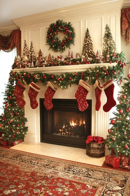 White fireplace with red stockings and a red wreath for a classic contrast.