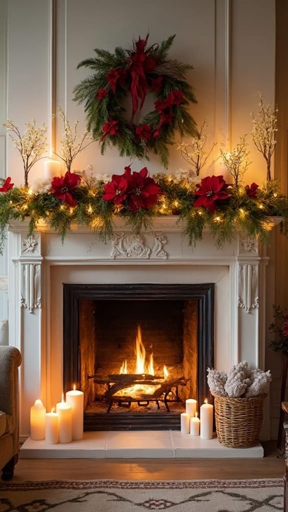 White mantel with a white wreath and red poinsettias for a classic contrast.