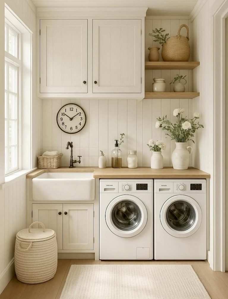 Laundry room featuring white cabinets, reclaimed wood countertop, farmhouse sink, bright lighting.