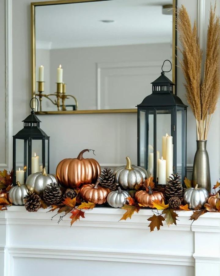 Hallway mantel wall, silver metallic pumpkins, round mirror, white painted wood, soft recessed lighting.