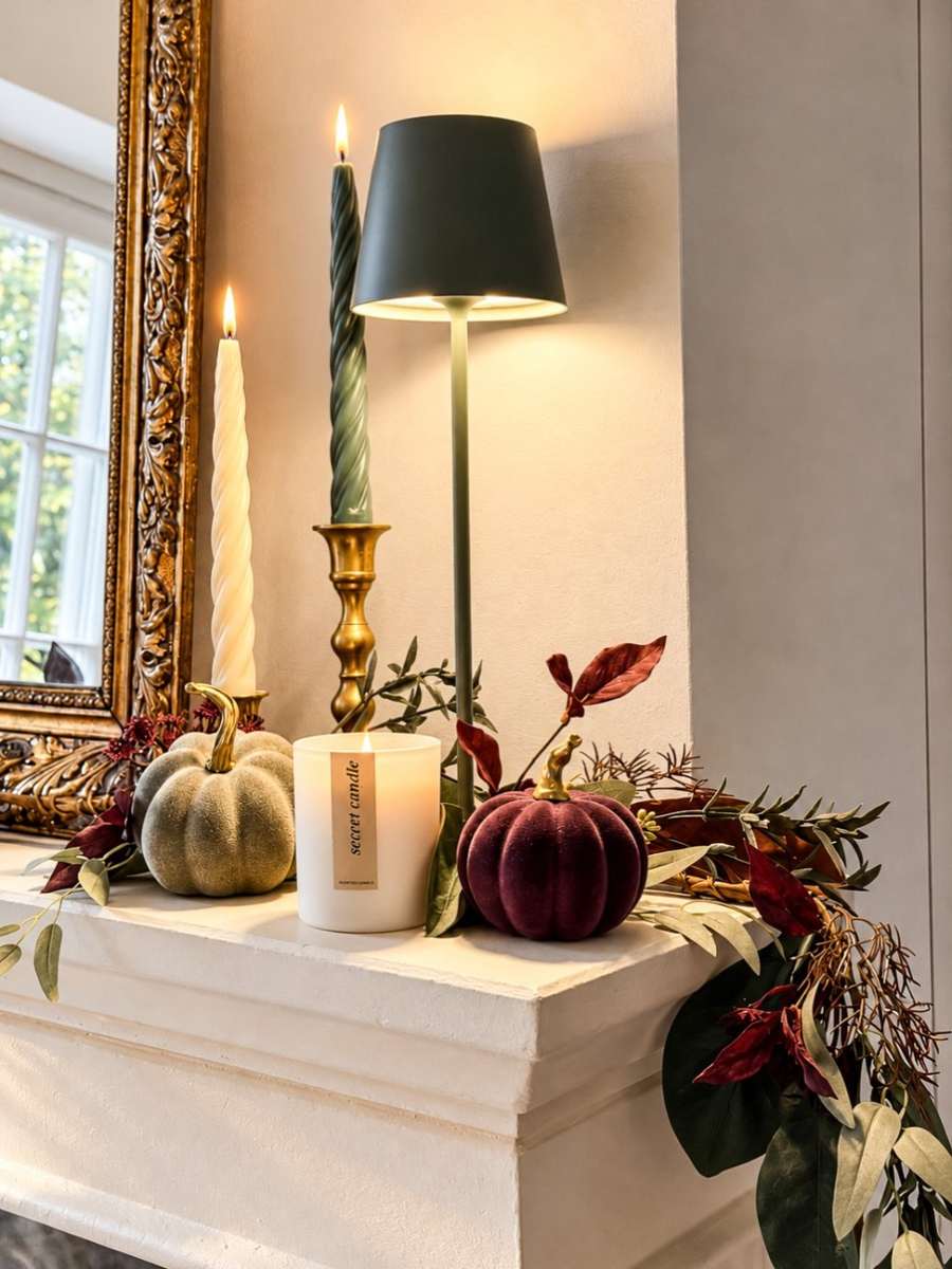 Dining room wall, white painted mantel, velvet orange pumpkins, mirrored tray, soft chandelier lighting.