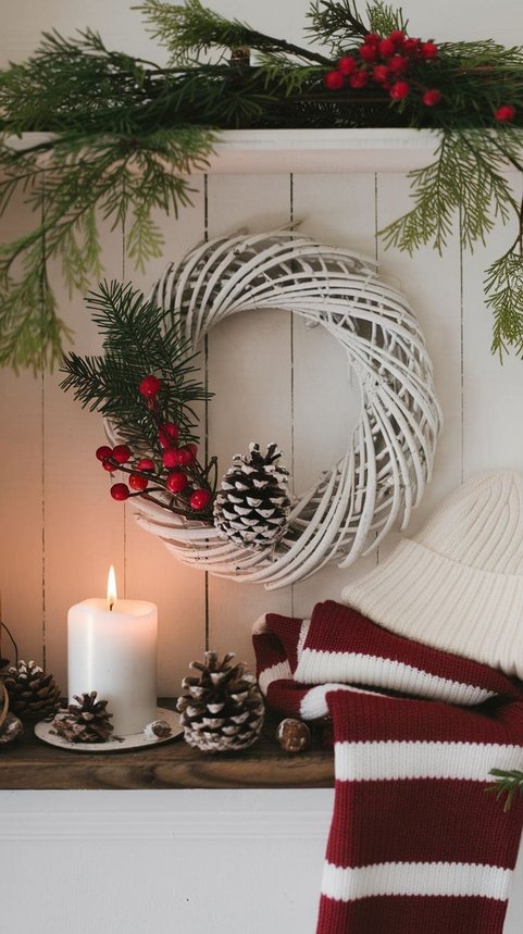 Shelf with a white twig wreath and pinecones in a rustic winter display.