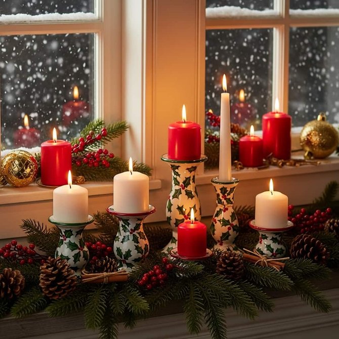 Traditional window sill adorned with ceramic candleholders, fresh holly berries, and warm flickering flame light.