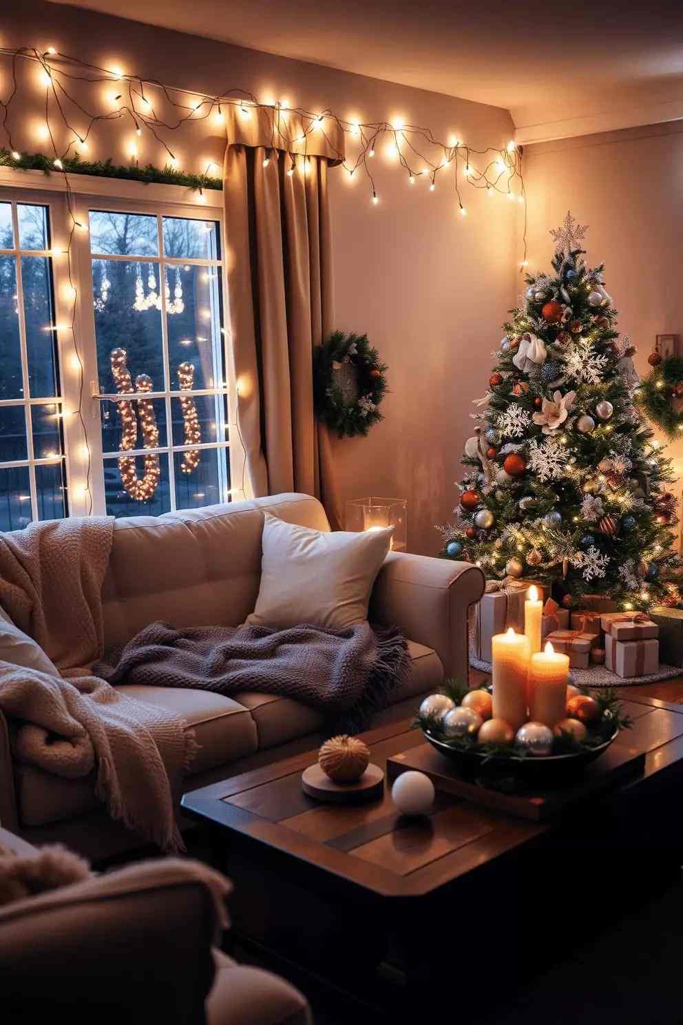 Modern living room corner featuring illuminated evergreen Christmas tree woven textures warm white string lighting and boucle sofa