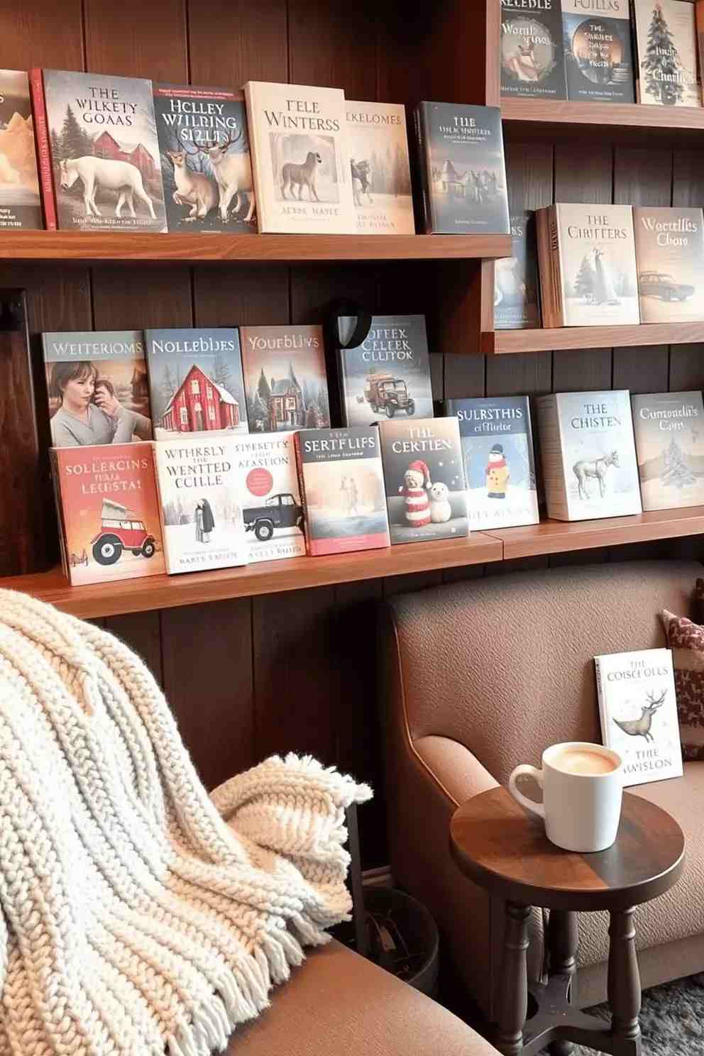 Intimate reading corner bookshelf with warm floor lamp layered knit blanket textured cushion and wooden shelves