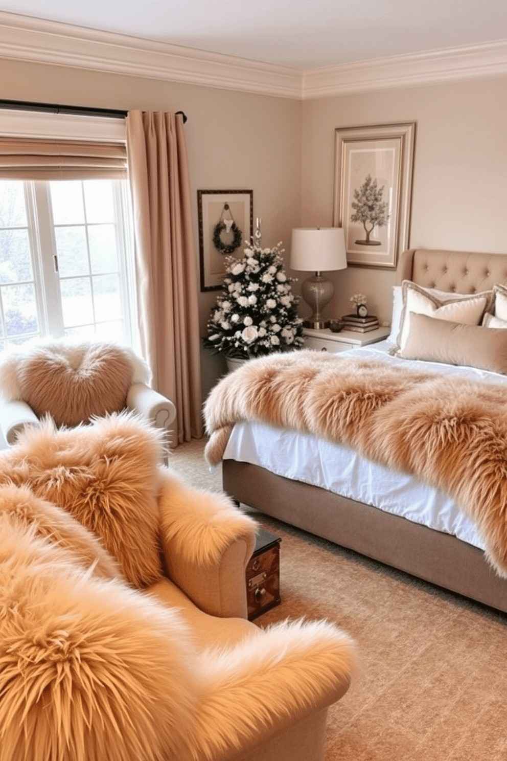 Elegant winter bedroom featuring plush faux fur blanket folded over linen duvet soft headboard lighting