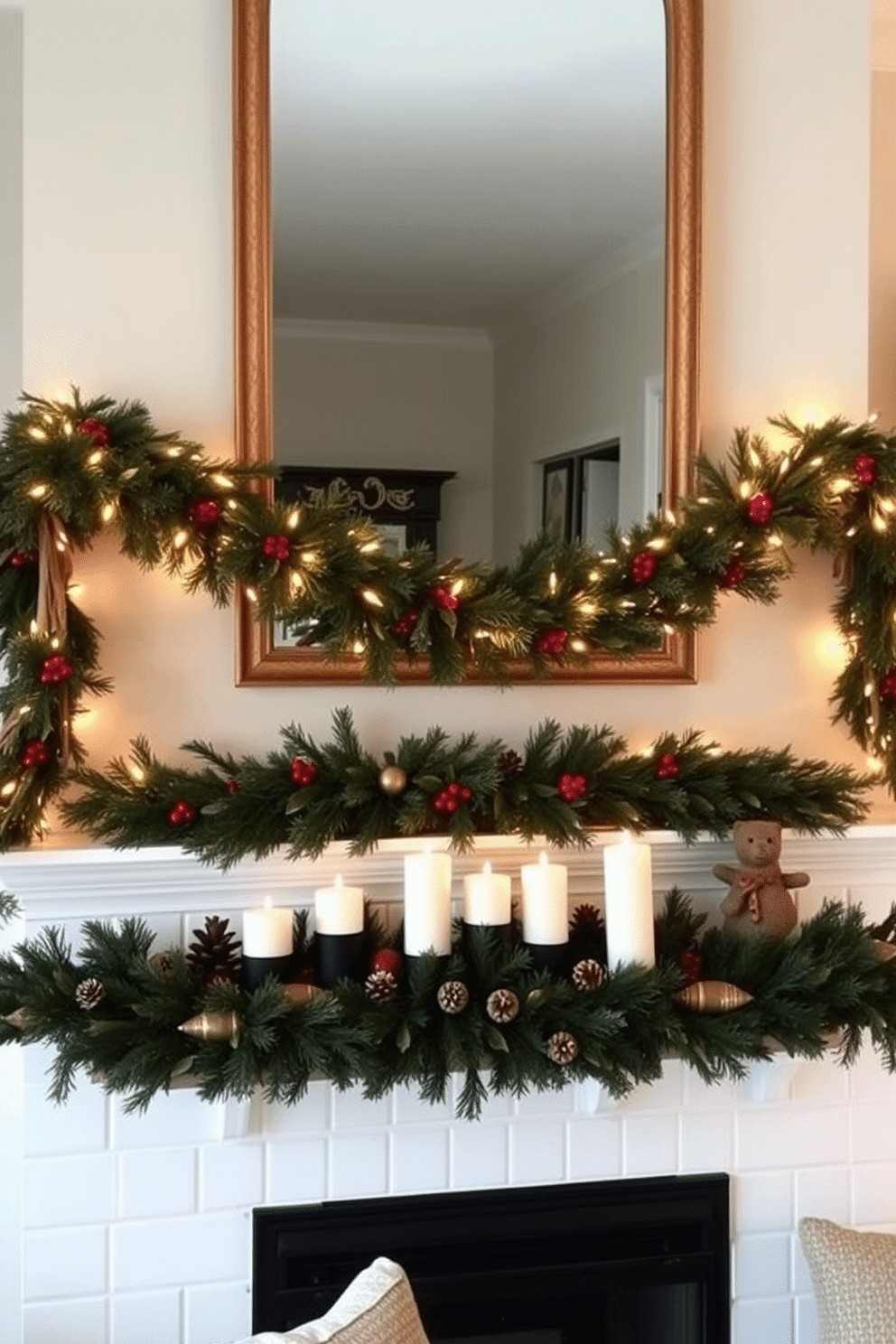 Classic fireplace mantel with thick eucalyptus garland slender brass taper candleholders and soft warm glow