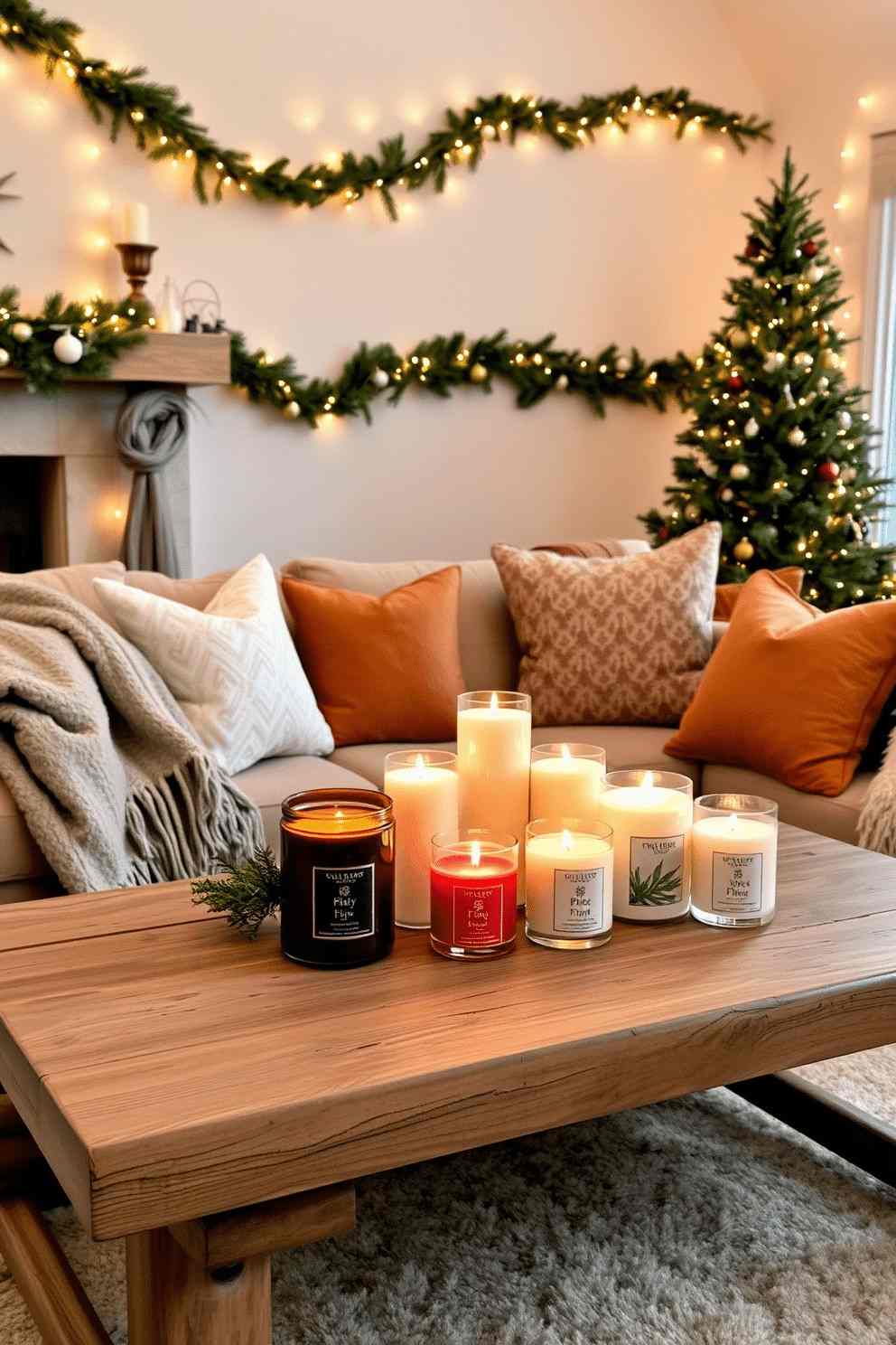 Living room entryway console table styled with fir garland warm pillar candles in glass and round mirror