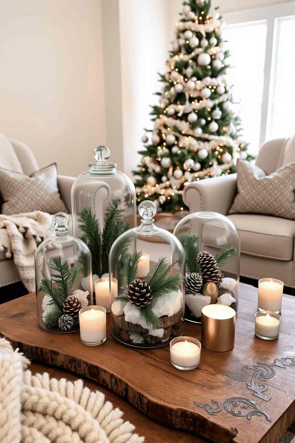 Glass cloche dome covering curated pinecone display on dark wood coffee table with soft ambient lighting