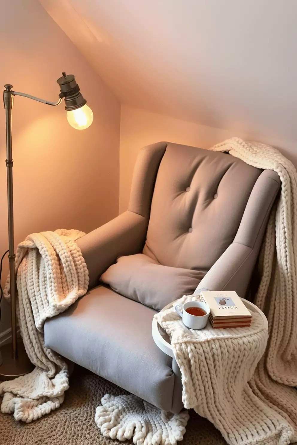Cozy gray modern armchair styled with heavy cream knit throw blanket side table with warm tea mug