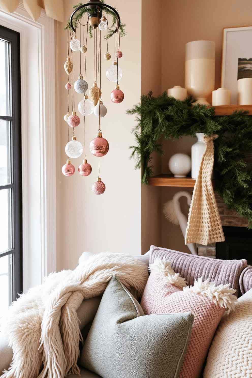 Window frame draped with delicate spruce garland and clear glass hanging ornaments capturing natural winter light