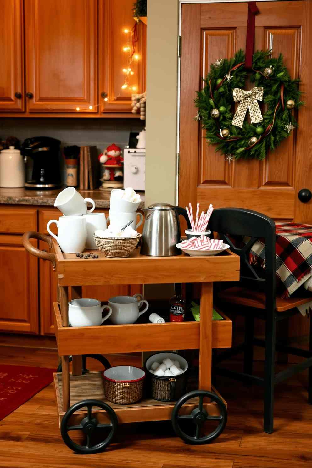 Elegant two-tier brass bar cart outfitted as winter hot cocoa station with ceramic mugs jars and sprigs