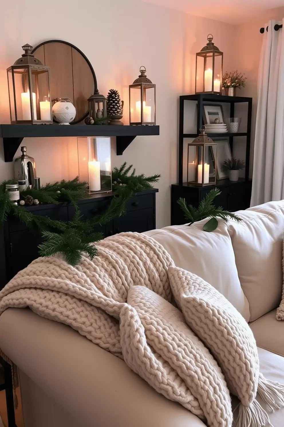 Living room sofa corner with oversized chunky knit throw and group of black metal lanterns on floor