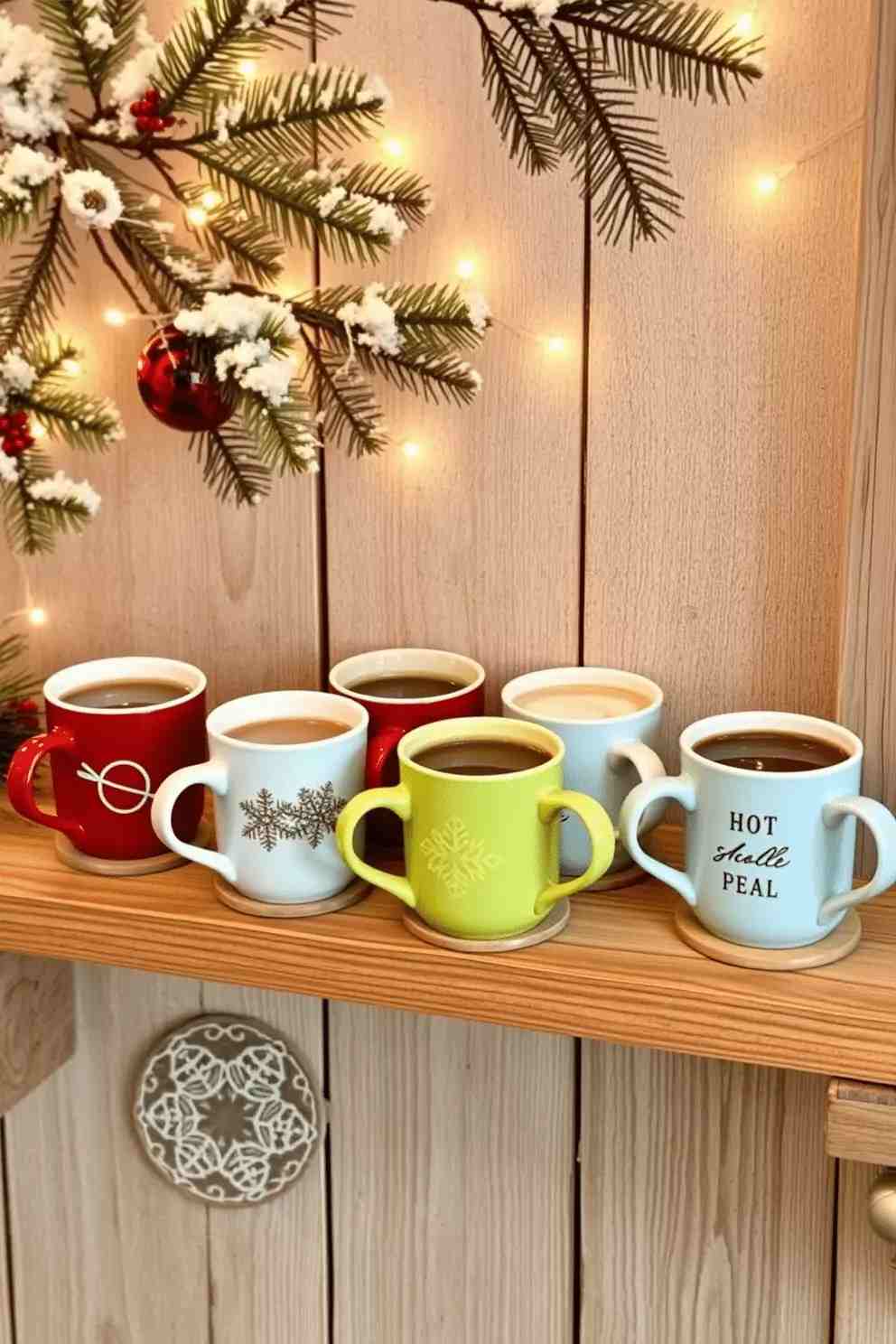 Open reclaimed wood kitchen shelf displaying hand-thrown ceramic mugs cedar sprigs and warm ambient lighting
