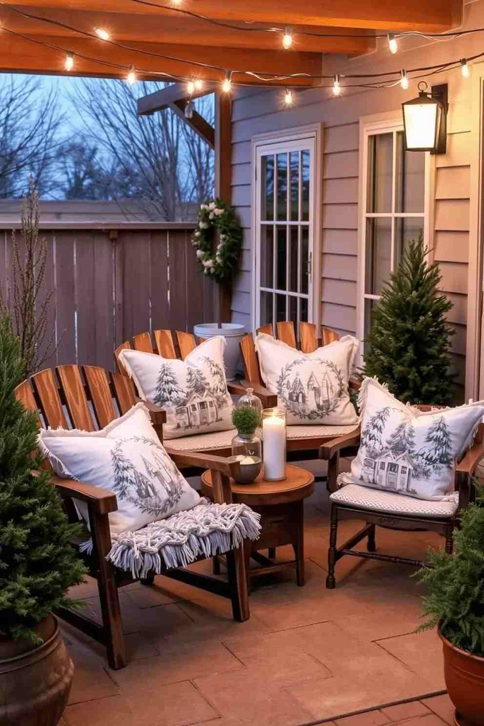 Warm glowing string lights hung across a cozy winter porch with festive seasonal accents