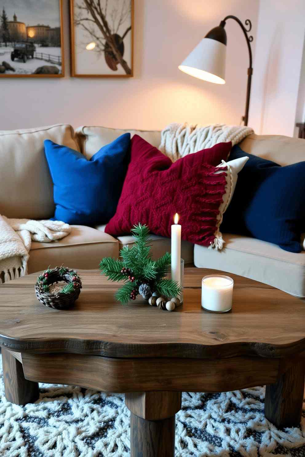 A velvet pillow next to a coffee table styled with fresh pine sprigs