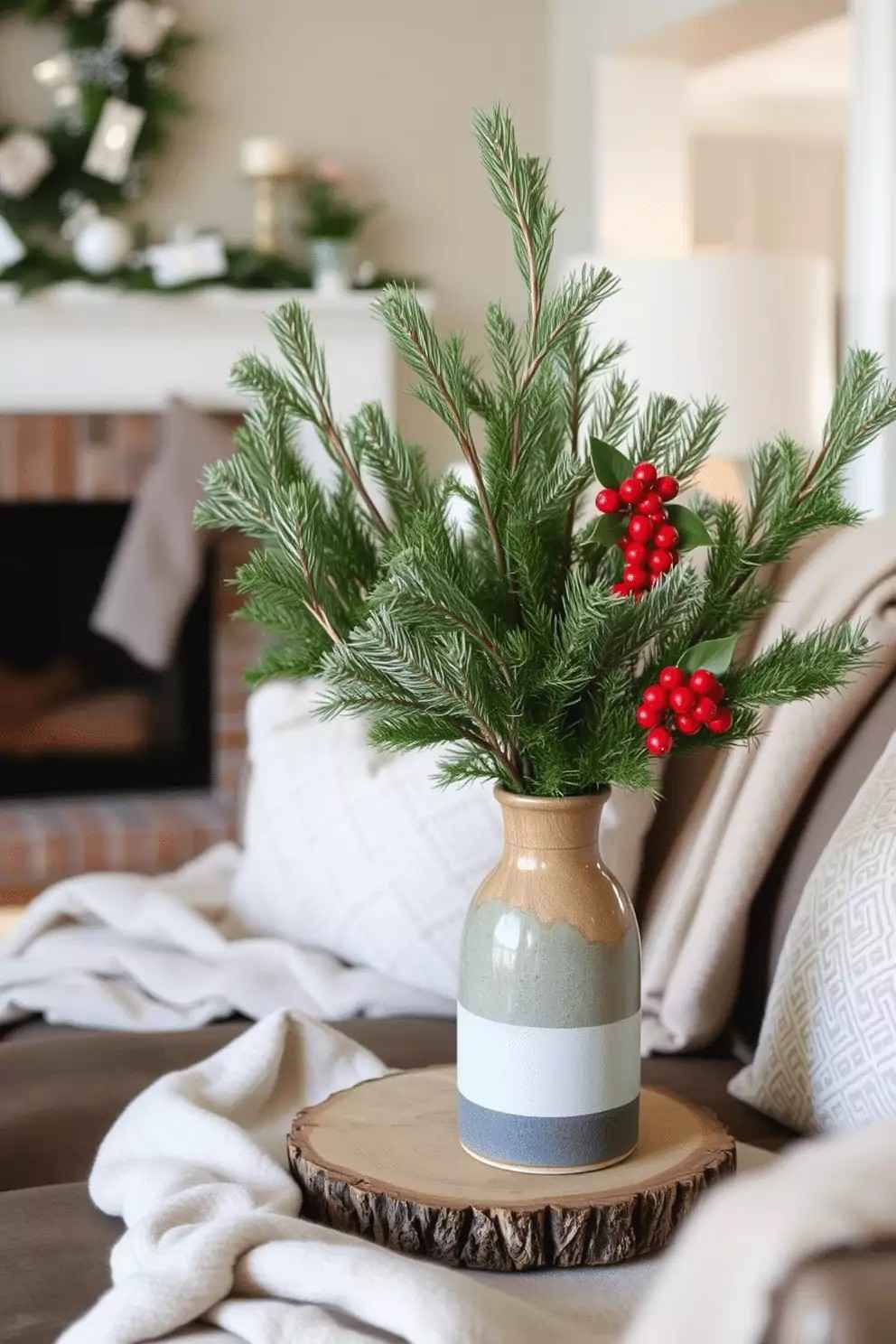 A rustic wooden slice base supporting a vase filled with bright red berries