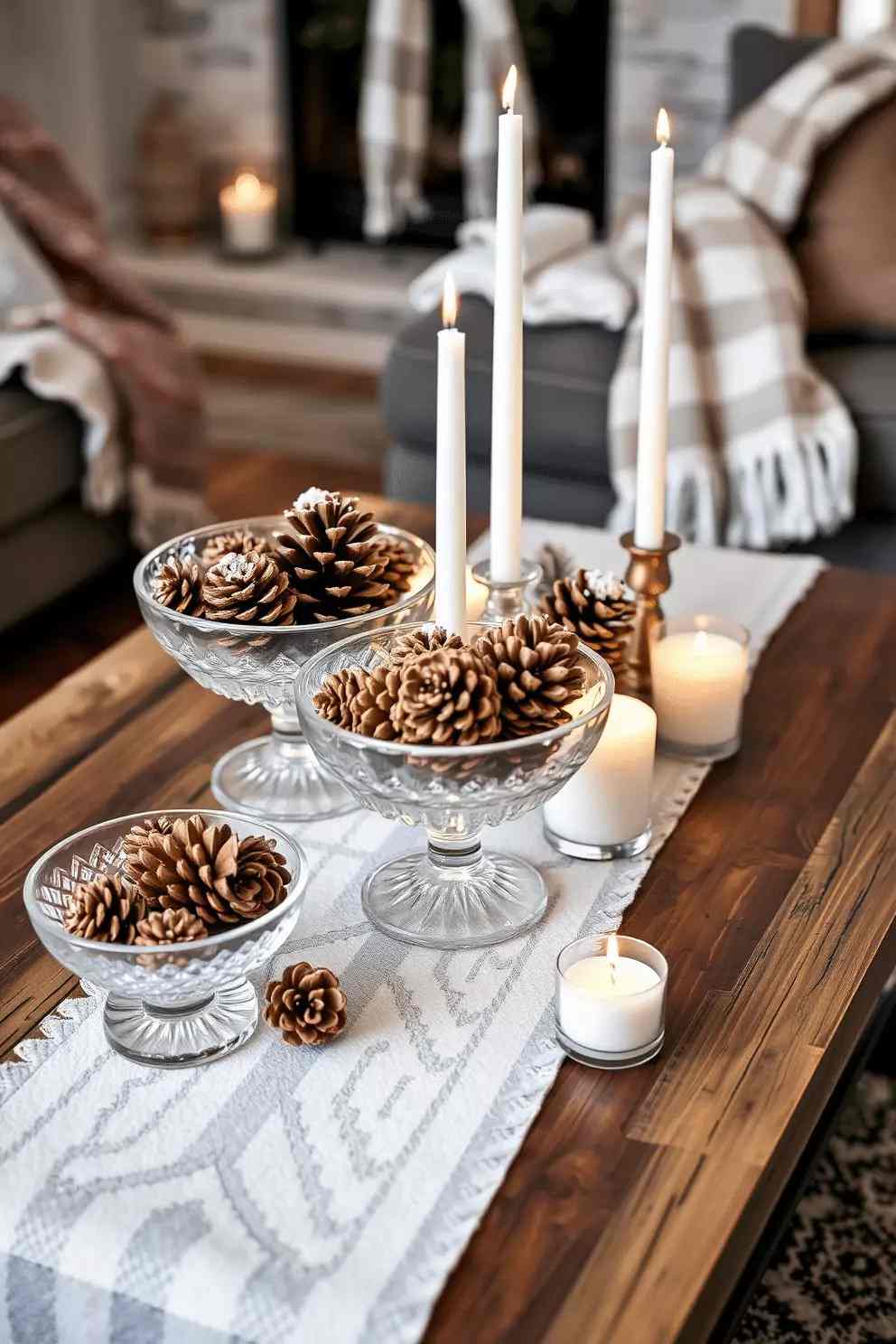 A coffee table centerpiece featuring white pillar candles and scattered natural pinecones