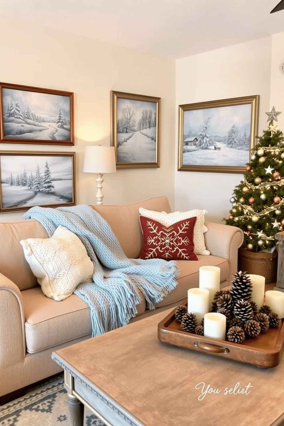 A large wooden tray filled with assorted pinecones and metallic ornaments on a coffee table