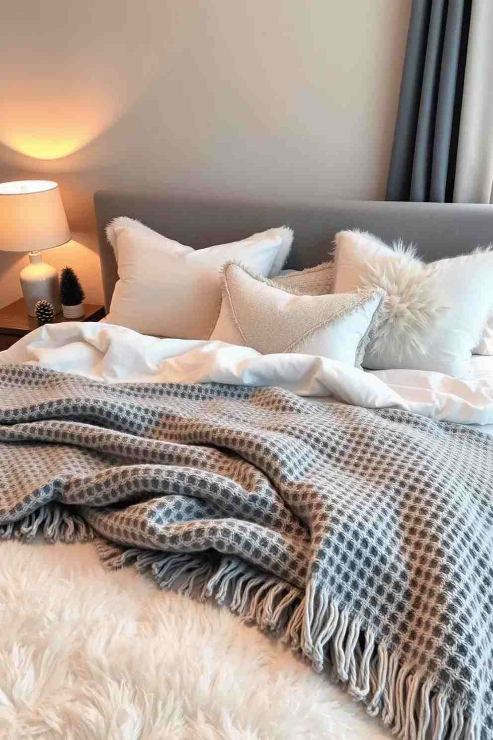 A cozy bed layered with a thick plaid wool throw blanket for winter