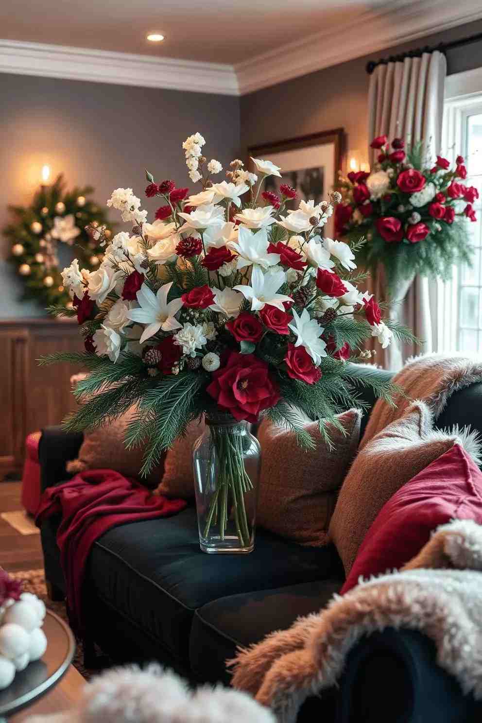 An elegant floral centerpiece with bright red flowers and dark green foliage
