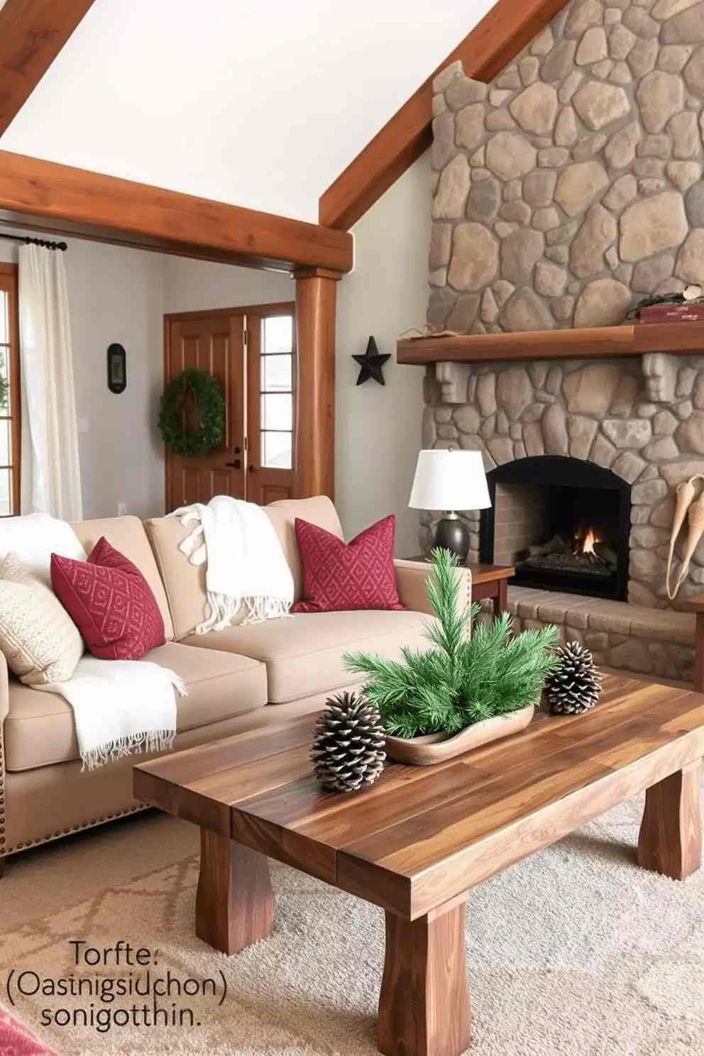 A grand stone fireplace in a rustic cabin setting decorated for winter